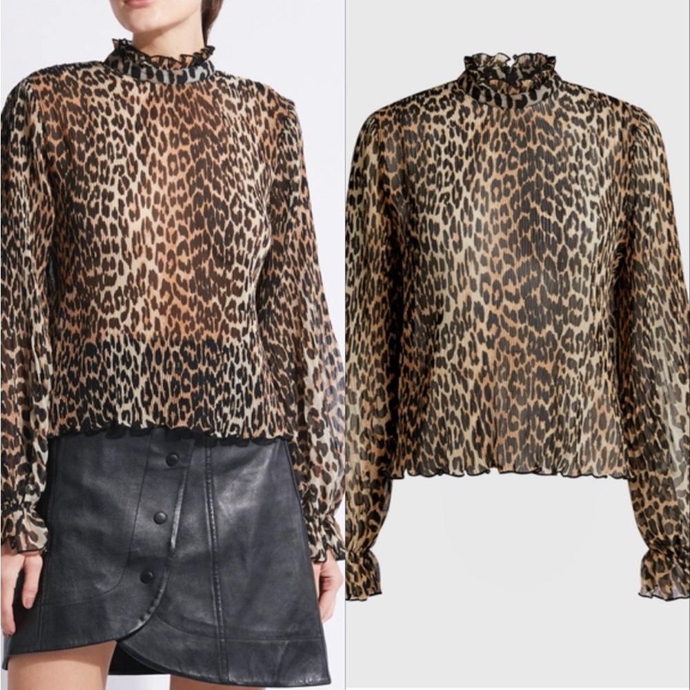Ganni Pleated Leopard Print Georgette High Neck Blouse
